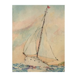 Sailboat at Sea Fine Art Watercolor Painting Wood Print