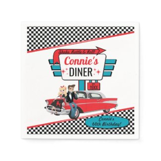 1950's Retro Diner Napkins feature a vintage car parked under a diner sign.