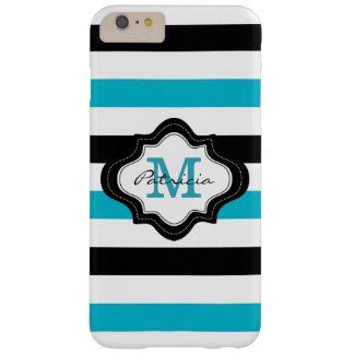 Stylish Blue Black White Stripes Custom Monogram Barely There iPhone 6 Plus Case