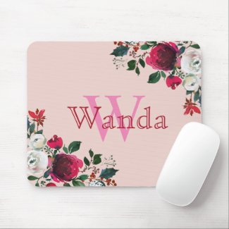 Pink Burgundy Watercolor Rose Floral Monogrammed Mouse Pad
