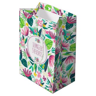 Tropical Flowers &amp; Leafs Colorful Pattern Medium Gift Bag