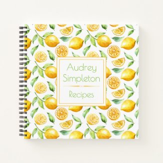 Watercolor Lemons Leaves Square Recipe Book |