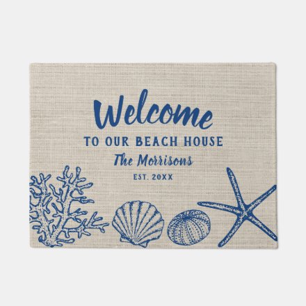 Custom doormat with the quote "Welcome to Our Beach House" can be personalized with your name and established year.
