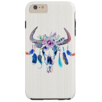 Buffalo Skull With Feather And Purple Flowers Tough iPhone 6 Plus Case