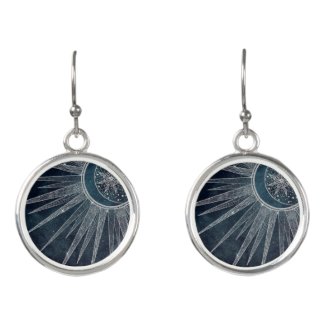 Elegant Silver Sun Moon Doodle Mandala Blue Design Earrings