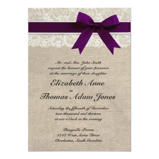Elegant Burlap and Lace Wedding Invitation with Purple Ribbon