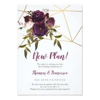 New Plan! Plum Floral Geometric Postponed Wedding Invitation