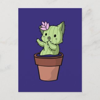 Kawaii Cat Cactus Gardening Cute Kitten Postcard