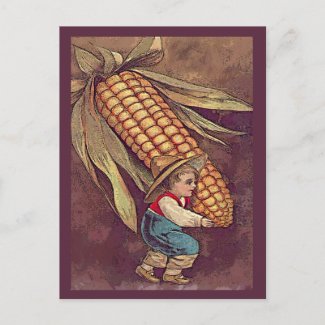 vintage autumn boy with corn holiday postcard