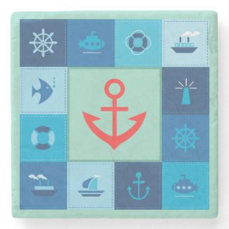 Blue Mint And Coral Nautical Symbols Frame Stone Coaster