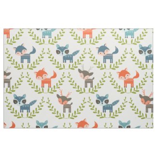 Cute Foxes & Deer With Green Wreath Pattern Fabric