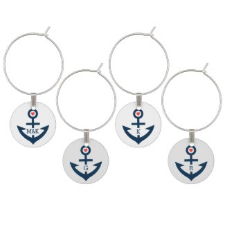 Blue And Coral Nautical Boat Anchor Wine Glass Charm