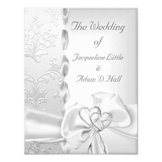 Elegant Wedding Floral Silver White Bow Hearts Card
