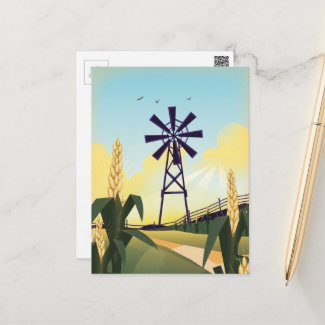 Farmyard and windmill postcard
