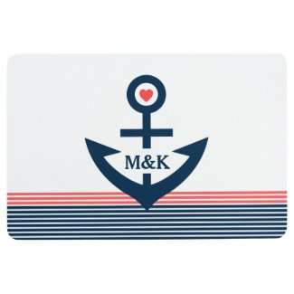 Nautical Boat Anchor & Stripes In Blue & Coral Red