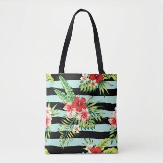 Hawaiian Hibiscus & Black & Mint Stripes Pattern Tote Bag