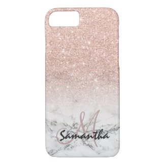 Custom faux rose pink glitter ombre white marble iPhone 7 case