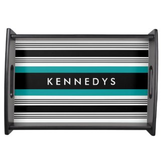 Personalized Teal And Black Striped Serving Tray