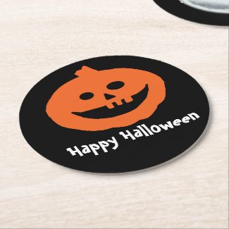 Cute Pumpkin On Black Happy Halloween Round Paper Coaster