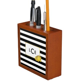 Black Stripe &amp; Gold Peony Monogram Desk Organizer