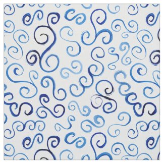 Abstract Prussian Blue Watercolor Curves Fabric