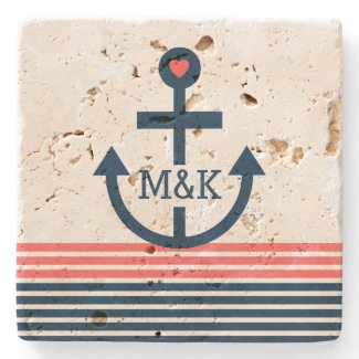 Blue & Coral Stripes With NauticalBoat Anchor Stone Coaster