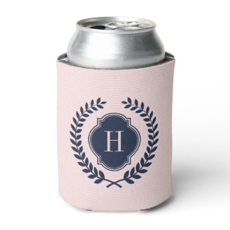 Midnight Blue Wreath Crest Over Pink Stripes Can Cooler