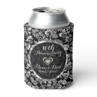 Black And Metallic Silver 10th Wedding Anniversary Can Cooler
