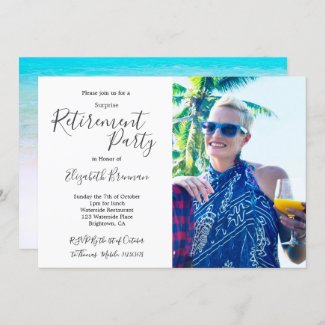 Retirement Photo Beach Blue Modern Typography Invitation