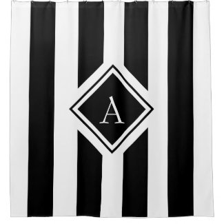 Elegant Black White Vertical Stripes Monogram Shower Curtain