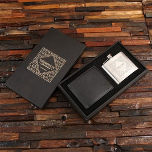 Black Leather Wallet w/ Stainless Steel Hip Flask