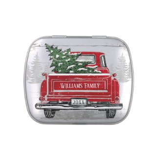 Vintage Red Truck Christmas Tree Rustic Name Candy Tin