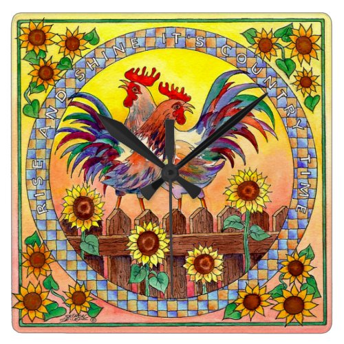 RISE & SHINE ROOSTER by SHARON SHARPE Square Wall Clock