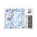 Abstract Painted Blue Curves on White Postage