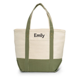 Green Embroidered Seaside Zipper Tote Bag