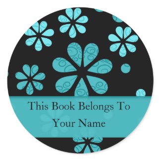 Retro Flowers Personalized Bookplates : Teal Classic Round Sticker