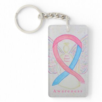 Male Breast Cancer Angel Awareness Ribbon Keychain