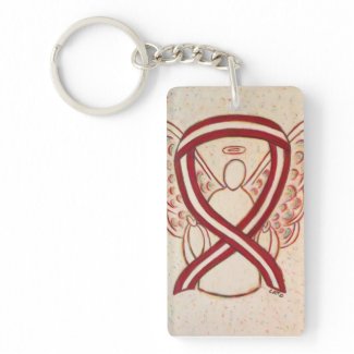 Burgundy and Ivory Awareness Ribbon Angel Keychain