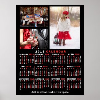 2018 Year Monthly Calendar Black Custom 3 Photos Poster
