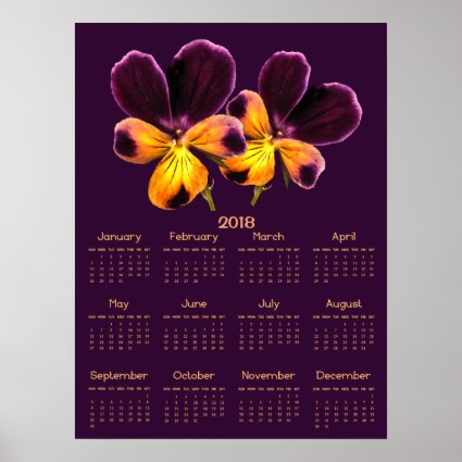 Purple Yellow Pansy Flowers 2018 Calendar Poster