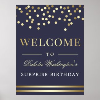 Elegant Gold Confetti & Navy Blue Welcome Sign