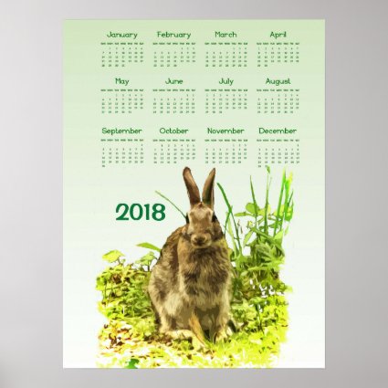 Bunny Rabbit Green Animal 2018 Calendar Poster