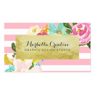 Floral Pink Stripes with Cursive Business Card