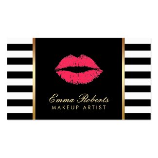 Makeup Artist Red Lips Modern Black White Stripes Business Card
