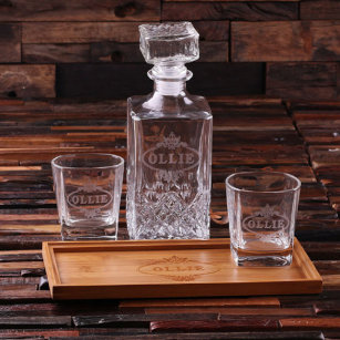 Gift Set: Bar Tray, Glasses & 28 oz. Decanter