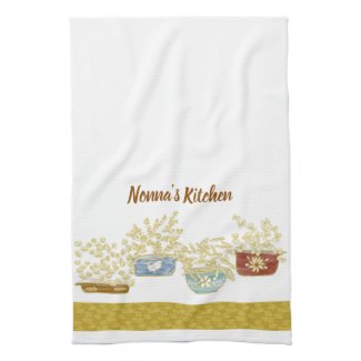 Customizable Kitchen Towel with hand drawn illustration of pottery and fun pasta shapes.