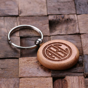 Unique Engraved Monogram Round Dark Wood Keychain