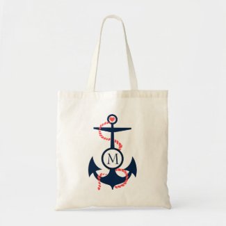 Midnight-Blue & Coral Nautical Boat Anchor Tote Bag