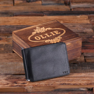 Engraved Wooden Gift Box with Monogram Mens Wallet