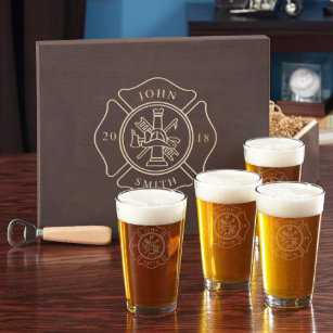 Engraved Firefighter Bottle Opener & Beer Glasses